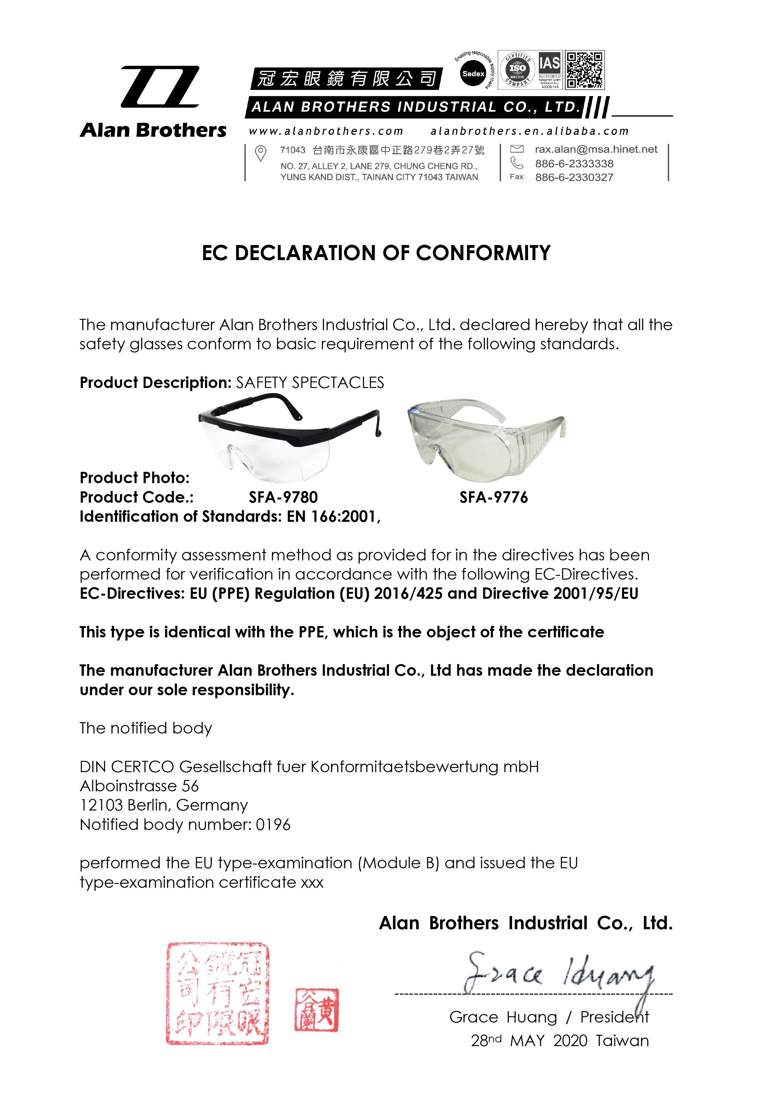 CERTIFICATE OF COMFORMITY-SAFETY SPECTACLES-alan brothers.jpg